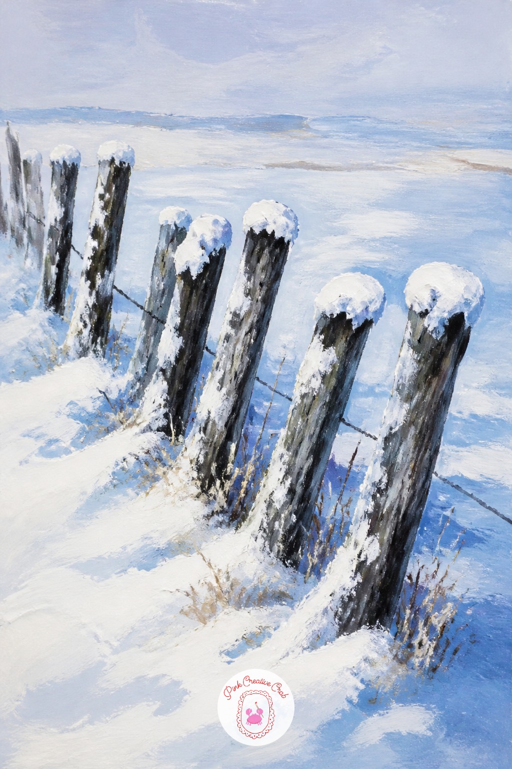 Snowy Fence Line — A fence line gives a landscape a sense of distance without needing a full scene behind it. Winter painting ideas