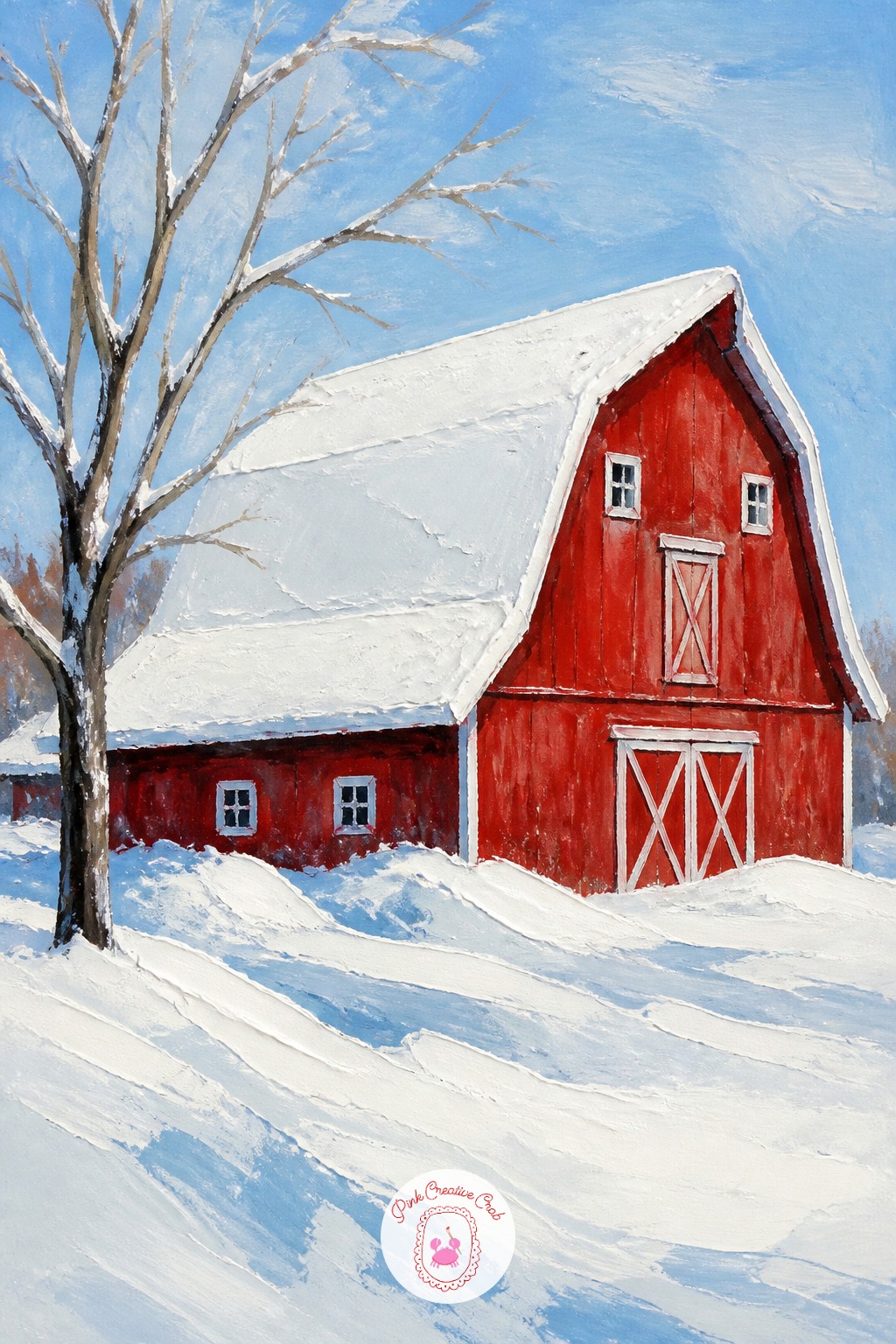 Red Barn Under Heavy Snow — A red barn is one of the most requested winter painting ideas, pairing strong color with heavy snow for real contrast