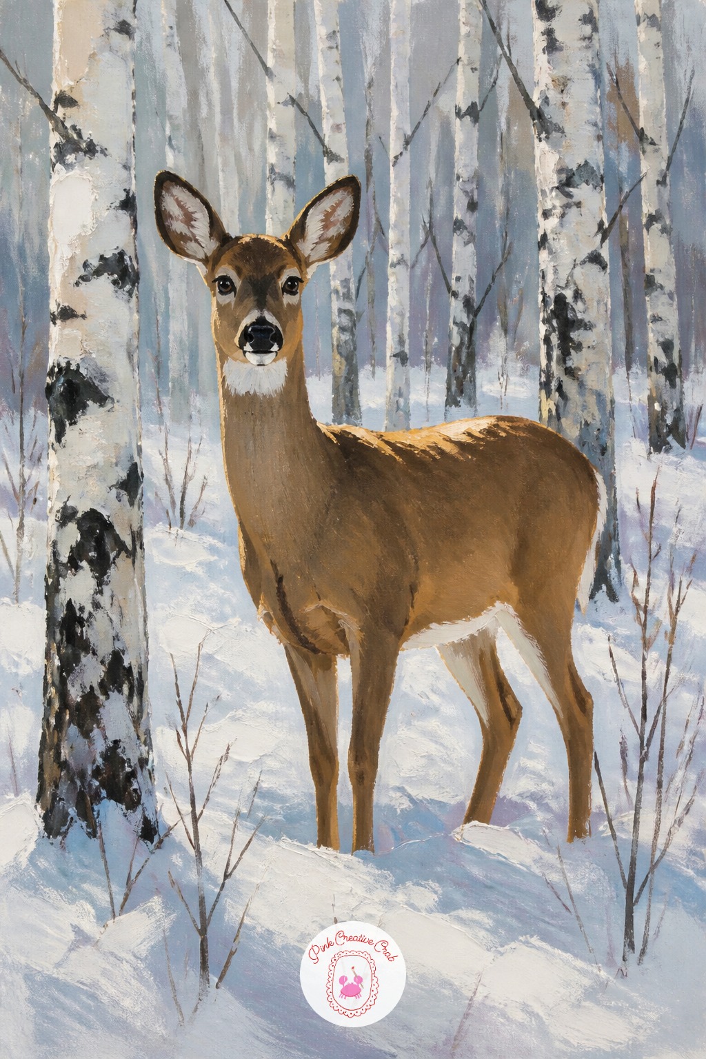 Deer in Snowy Forest — A deer standing among bare trunks brings an animal and a landscape together in one canvas. Winter painting ideas