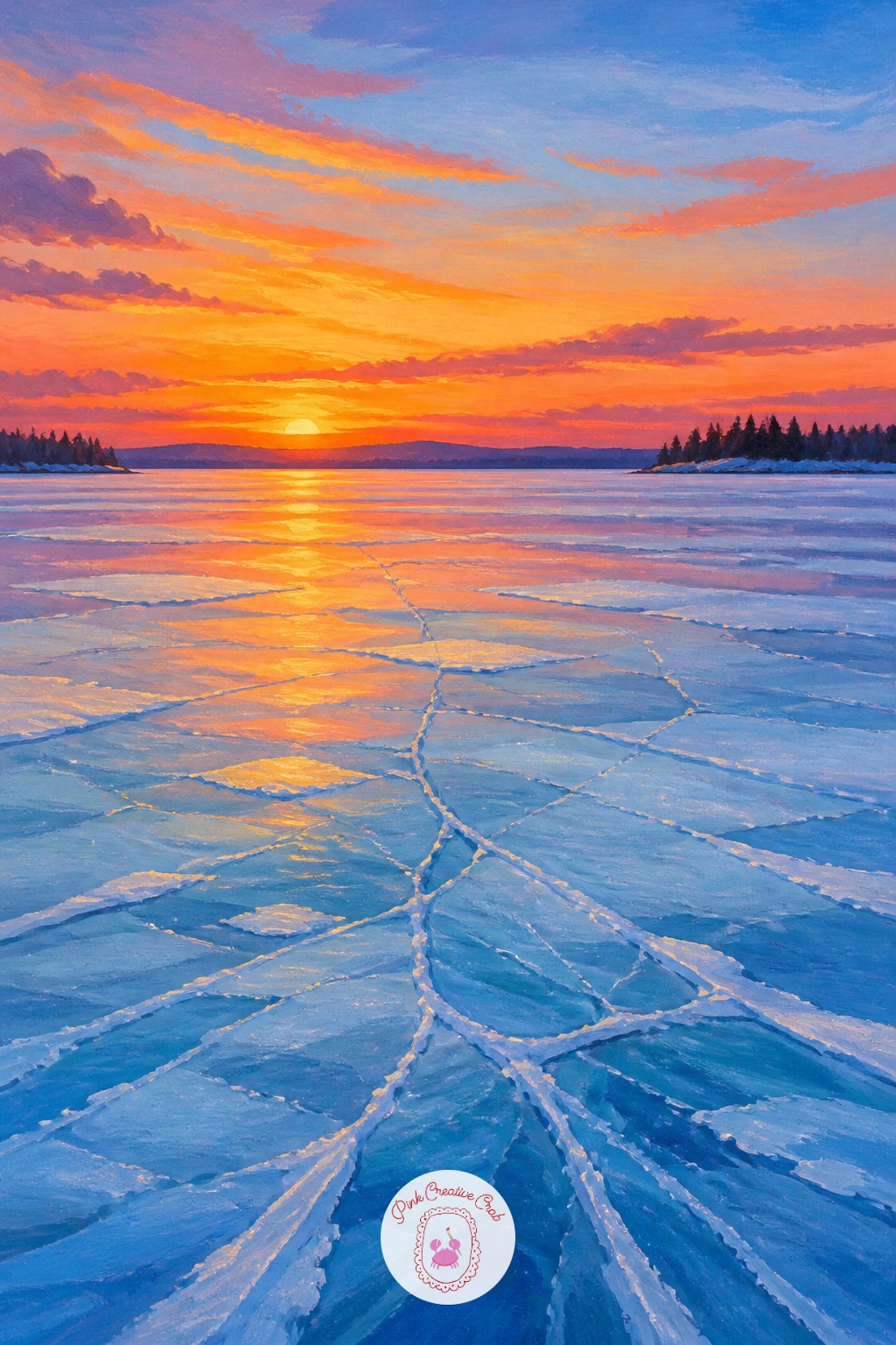 Frozen Lake at Sunset — A wide frozen lake under a sunset sky is one of the most rewarding winter scenes to paint, pairing warm sky color with cool ice. Winter