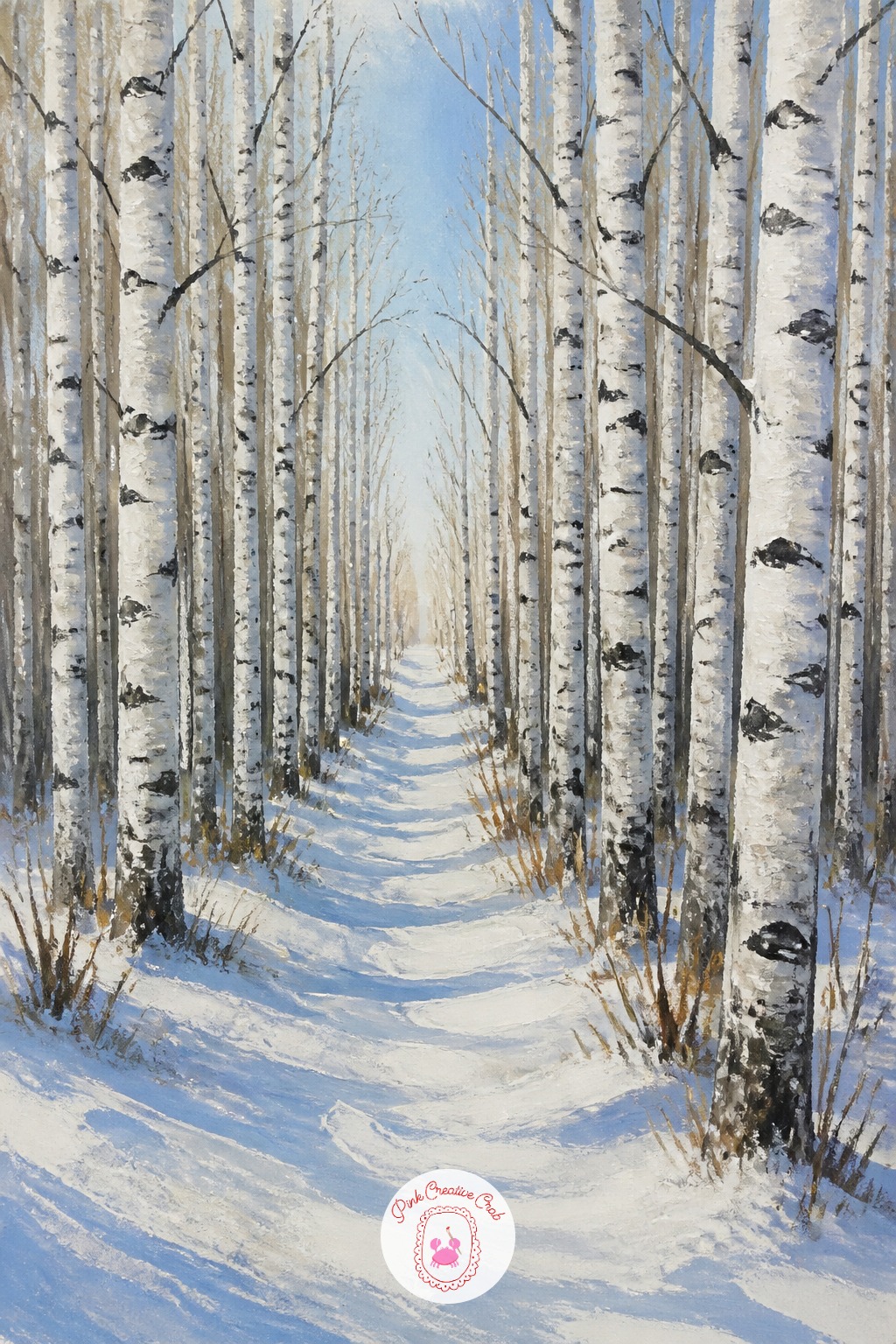 Winter Birch Forest Path — A path cutting through a stand of birch trees combines the trunk technique from earlier with a sense of walking into the scene.