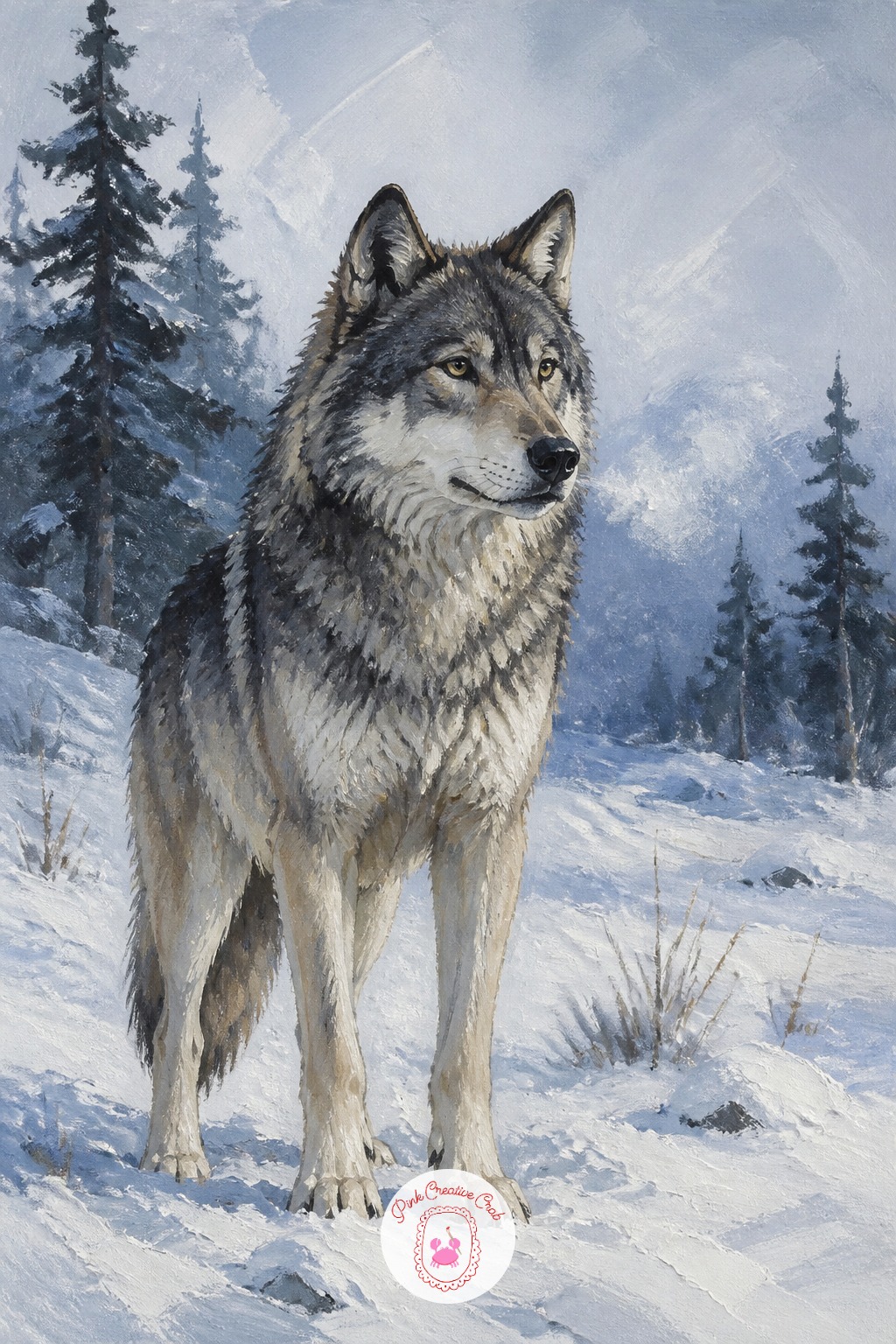 Lone Wolf in Winter Landscape — A single wolf standing in a snowy clearing makes a strong closing piece, pulling together the animal and landscape skills built