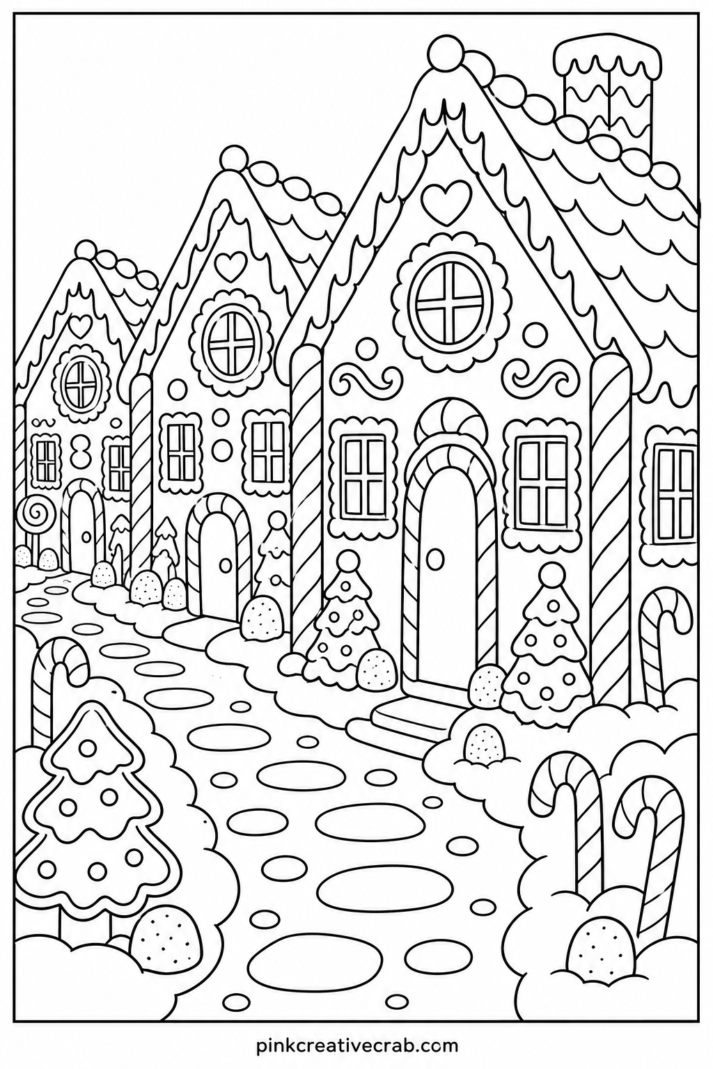 Gingerbread Village printable page — A row of gingerbread houses with candy roofs and frosted windows fills this sheet. Christmas coloring pages free printable
