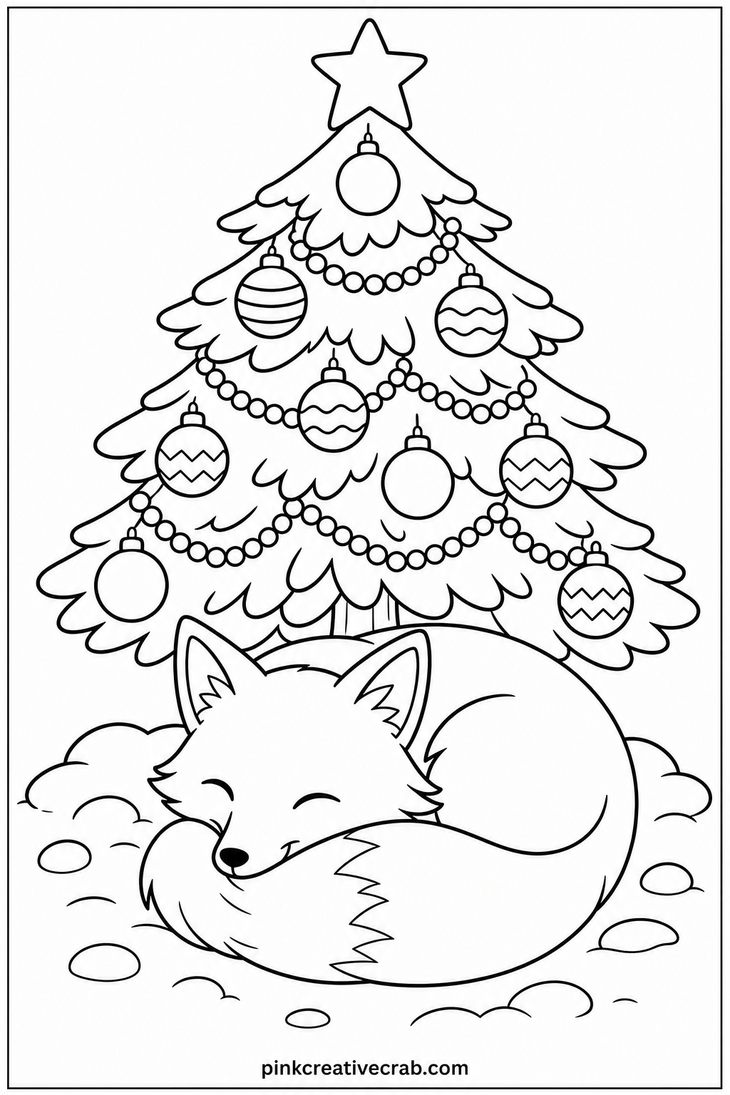 Fox Under A Decorated Tree printable page — A fox sits curled under a small tree strung with baubles and a simple star on top. Christmas coloring pages free