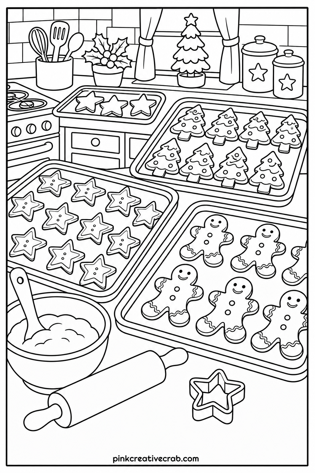 Kitchen Full Of Cookie Trays printable page — A kitchen counter holds trays of cookies in different shapes, a rolling pin, and a bowl of dough. Christmas