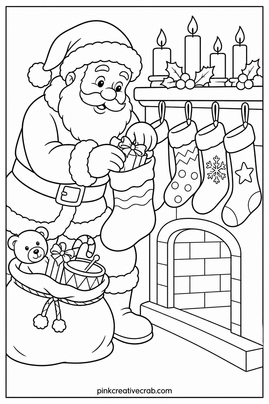 Santa Filling Stockings printable page — Santa leans toward a row of stockings hung along a mantel, a sack of toys at his feet. Christmas coloring pages free