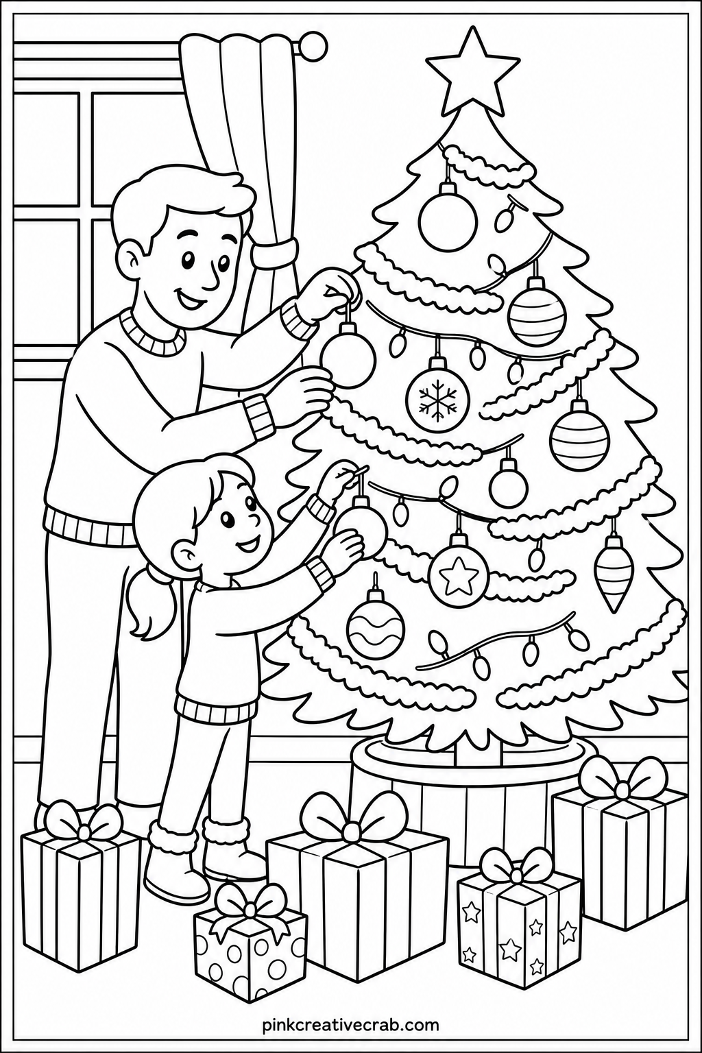 Family Decorating The Tree printable page — A parent and child stand on either side of a tree, hanging ornaments and stringing lights. Christmas coloring pages