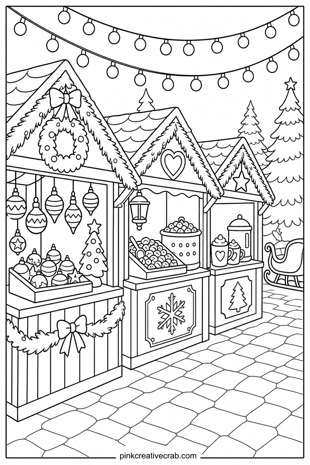 Christmas Market Stalls printable page — A row of market stalls sells ornaments, roasted nuts, and mugs of cocoa under strings of lights. Christmas coloring