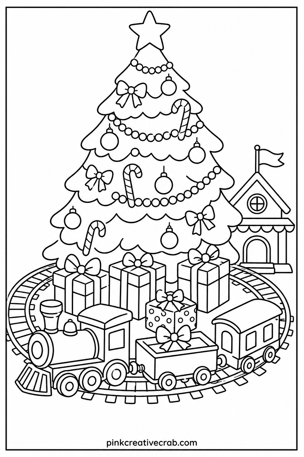 Train Set Under The Tree printable page — A toy train circles the base of a tree, passing wrapped presents and a small station platform. Christmas coloring