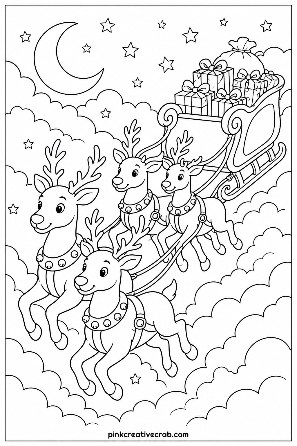 Reindeer Pulling A Sleigh printable page — A team of reindeer pulls a loaded sleigh across a cloudy sky. Christmas coloring pages free printable