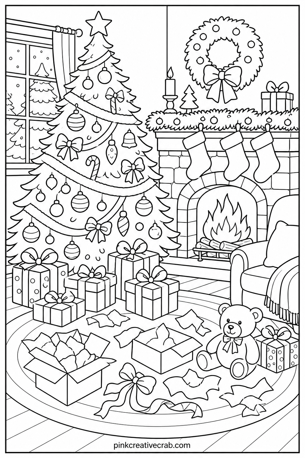 Christmas Morning Living Room printable page — A living room scene shows a tree surrounded by opened presents, stockings on the mantel, and a fire in the
