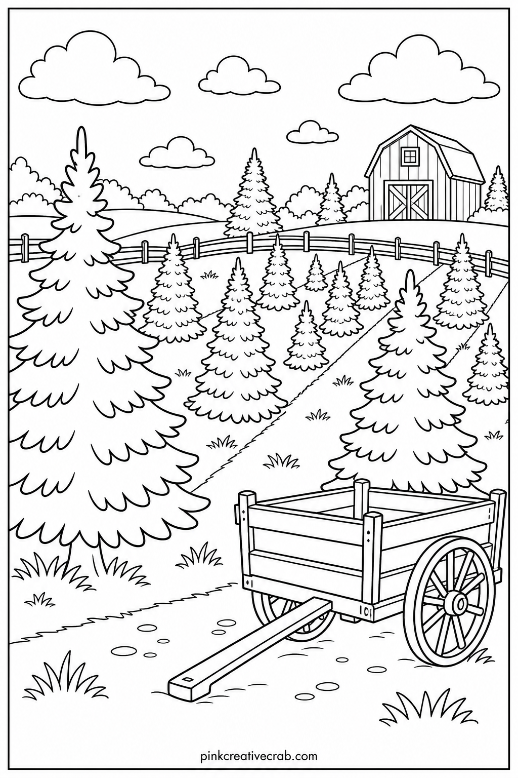 Christmas Tree Farm printable page — Rows of pine trees of different heights stand across a farm field, with a small cart for carrying home a chosen tree.