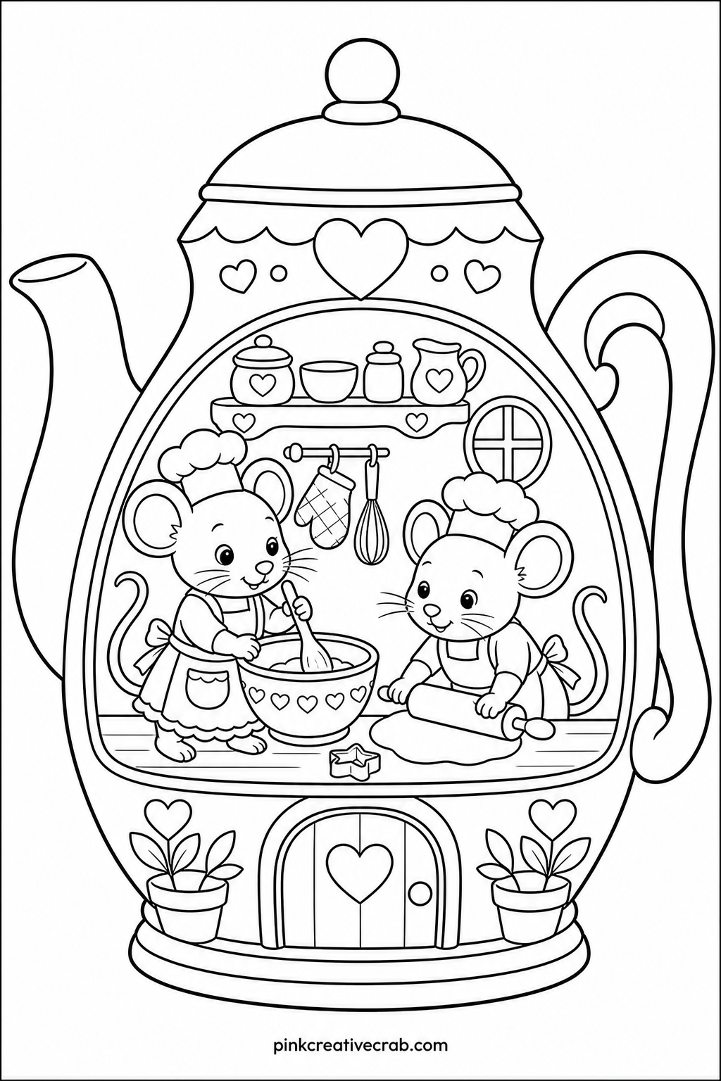 Mice Baking In A Teapot printable page — A pair of mice work inside a large teapot turned into a tiny kitchen, with a mixing bowl and a rolling pin sized for