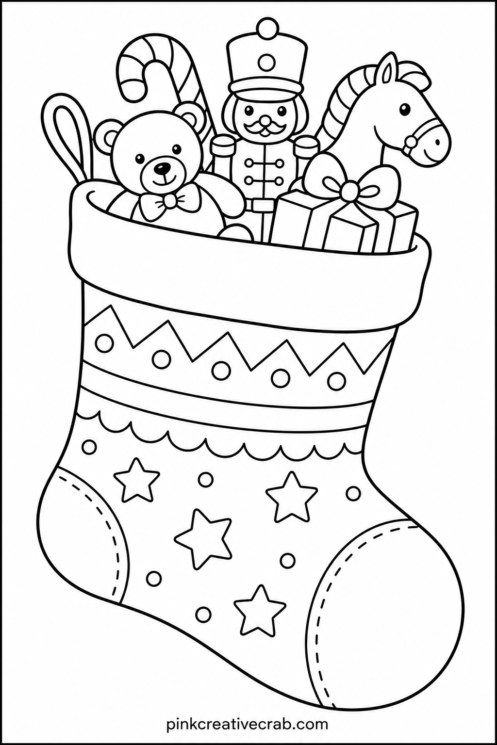 Stocking Stuffed With Toys printable page — A single stocking hangs full of small toys, a candy cane poking out the top. Christmas coloring pages free printable