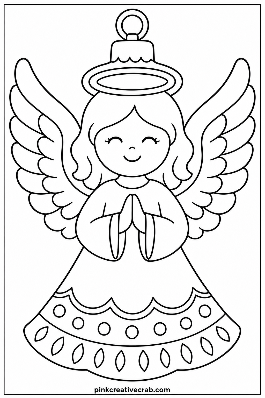 Angel Ornament Close Up printable page — A single angel ornament fills most of the page, wings spread and a small halo above her head. Christmas coloring pages