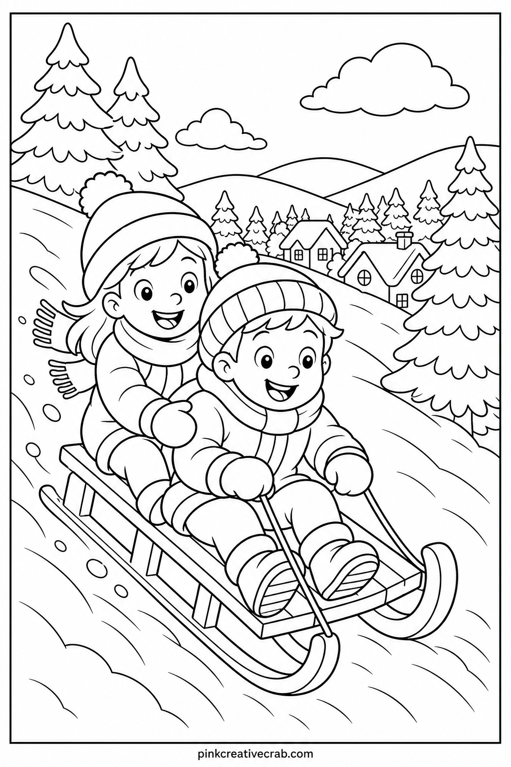 Sledding Down A Hill printable page — Two children ride a sled down a snowy hill, pine trees lining either side. Christmas coloring pages free printable