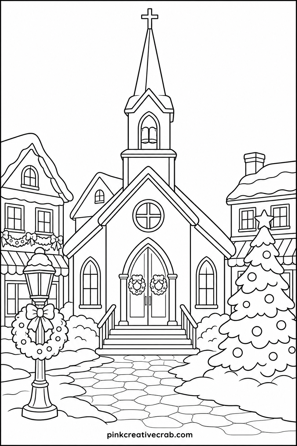 Christmas Village Church printable page — A small church with a tall steeple stands at the center of a snowy village square, surrounded by a few shops.