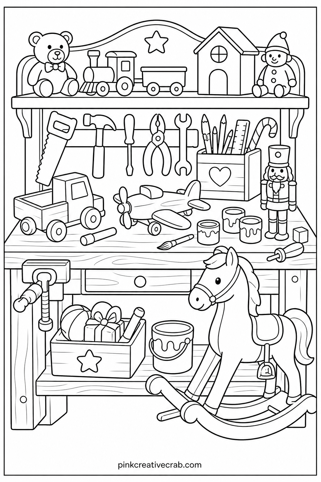 Santa's Workshop Bench printable page — A workbench covered in half finished toys, paint pots, and tools fills this sheet, with a rocking horse leaning against