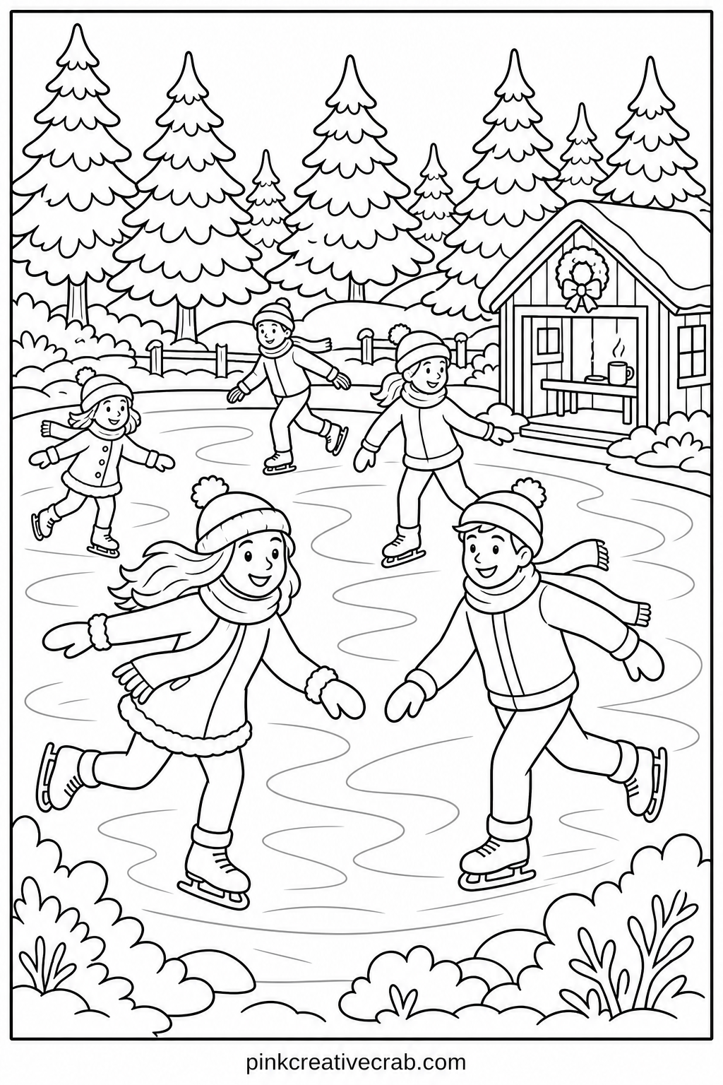 Ice Skating Pond printable page — Several figures skate across a frozen pond ringed with pine trees and a small warming hut. Christmas coloring pages free