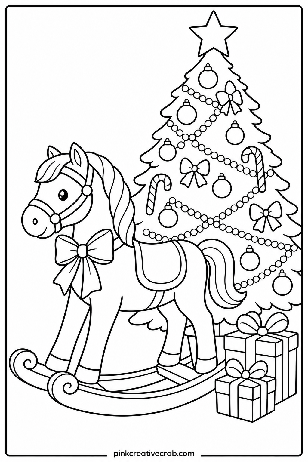 Rocking Horse By The Tree printable page — A wooden rocking horse sits beside a decorated tree, a ribbon tied around its neck. Christmas coloring pages free