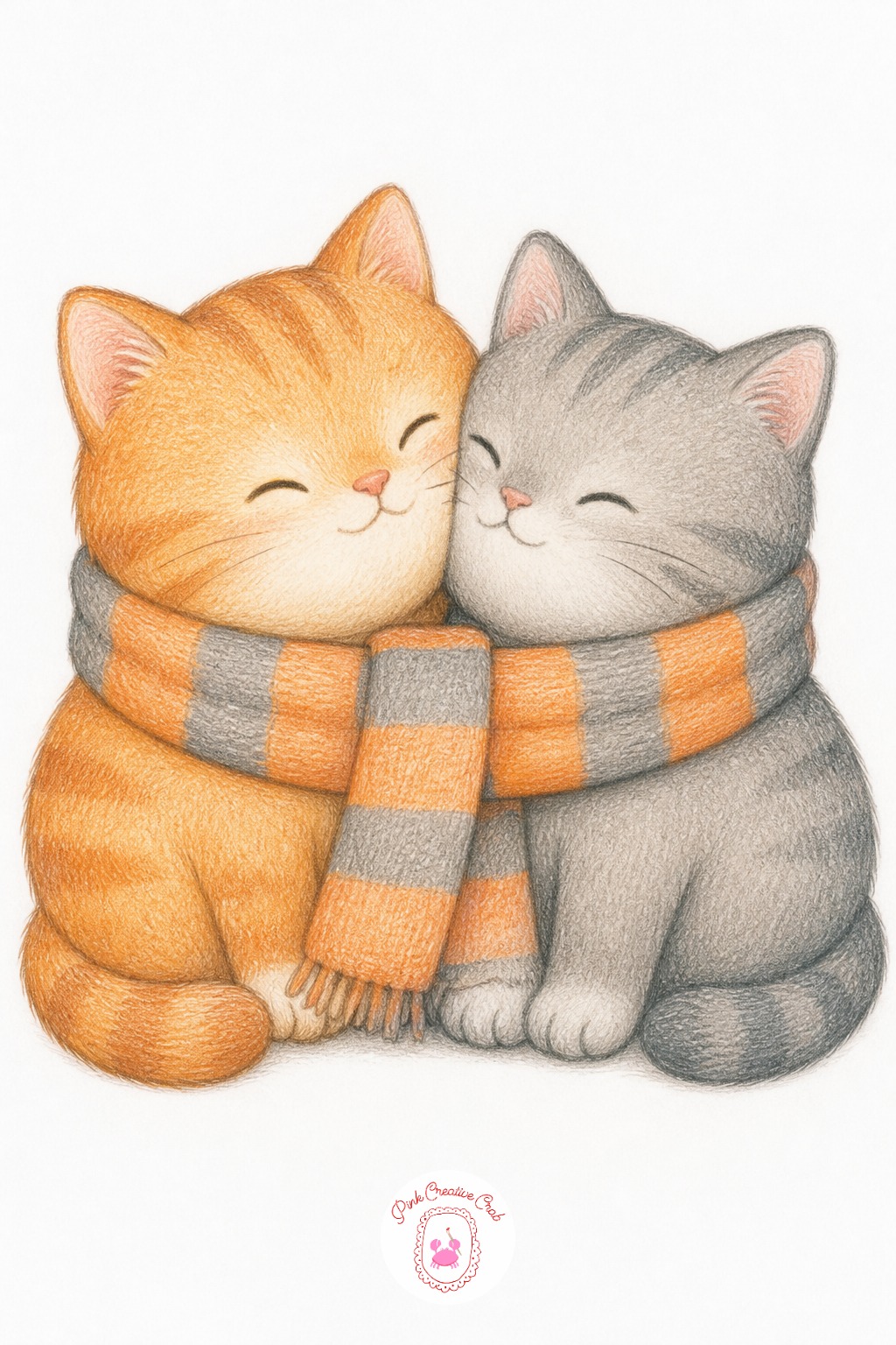 Two Cats Sharing One Scarf — Reach for a soft wax-based colored pencil instead of a thin hard one. Bff drawing ideas