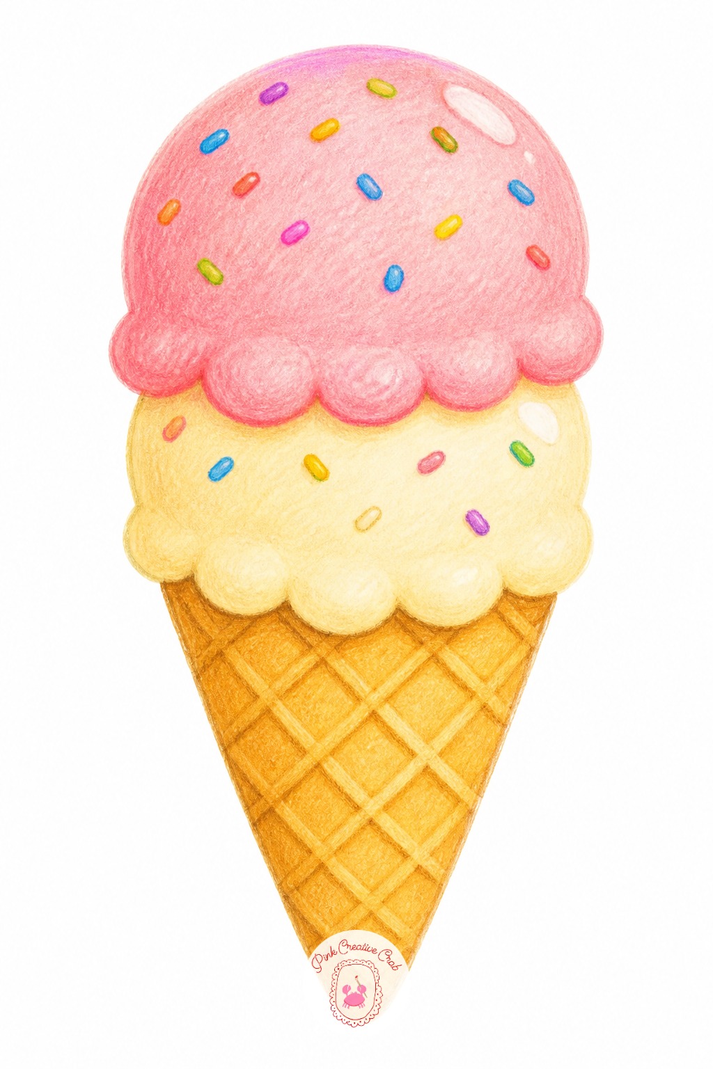 Two Scoops Of Ice Cream One Cone — Pick two different soft pencils for this one, a waxy pink for strawberry and a creamy tan for vanilla, since blending two