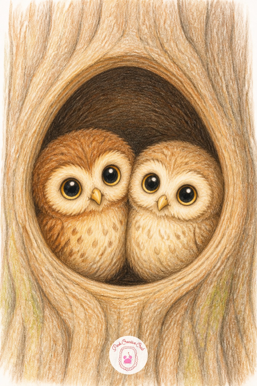 Two Owls Sharing A Tree Hollow — Keep both owl bodies about the same width as the tree hollow opening, roughly two owl-widths across, so they fit snugly