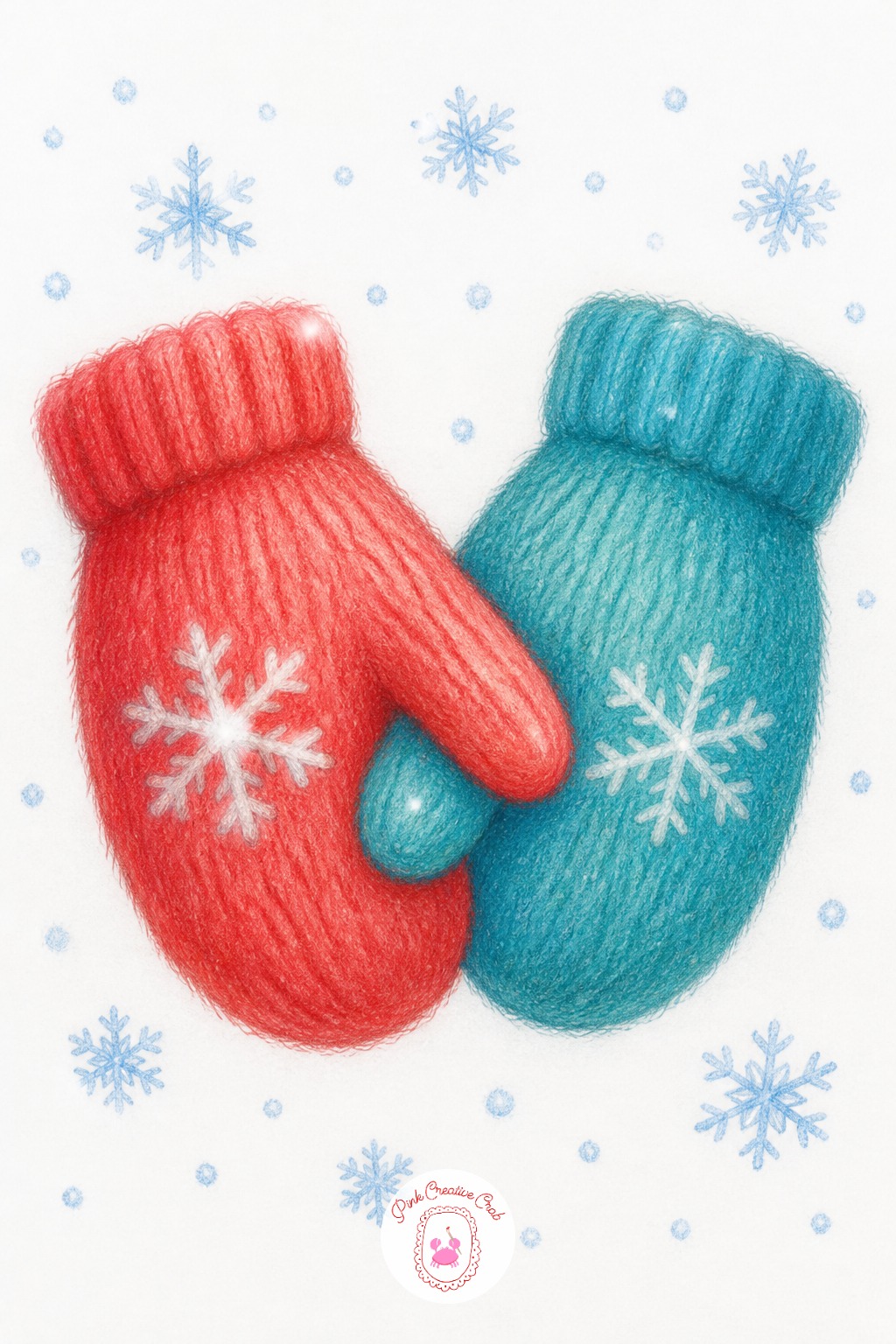 Two Fuzzy Mittens Holding Hands — Short, feathery pencil strokes along the mitten edges read better than one clean outline, since a hard edge makes knit fuzz
