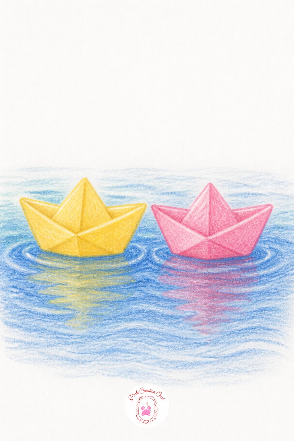 Two Paper Boats Floating Side By Side — Folding time is quick: two simple paper boat shapes floating on a few wavy water lines take about ten minutes, colored
