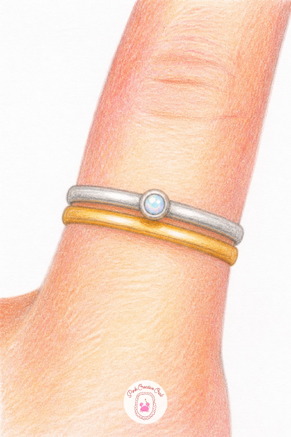 Two Rings Stacked On One Finger — Silver or gold metallic pencil handles the ring band far better than plain gray, since the waxy metallic pigment catches