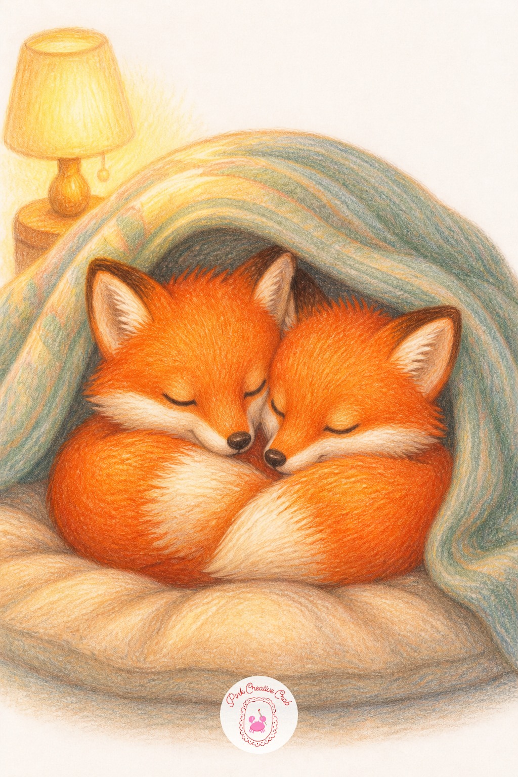 Two Foxes Curled Together Under A Blanket — Keep the light source soft and low, like a lamp just outside the frame, so it catches the top curve of both fox