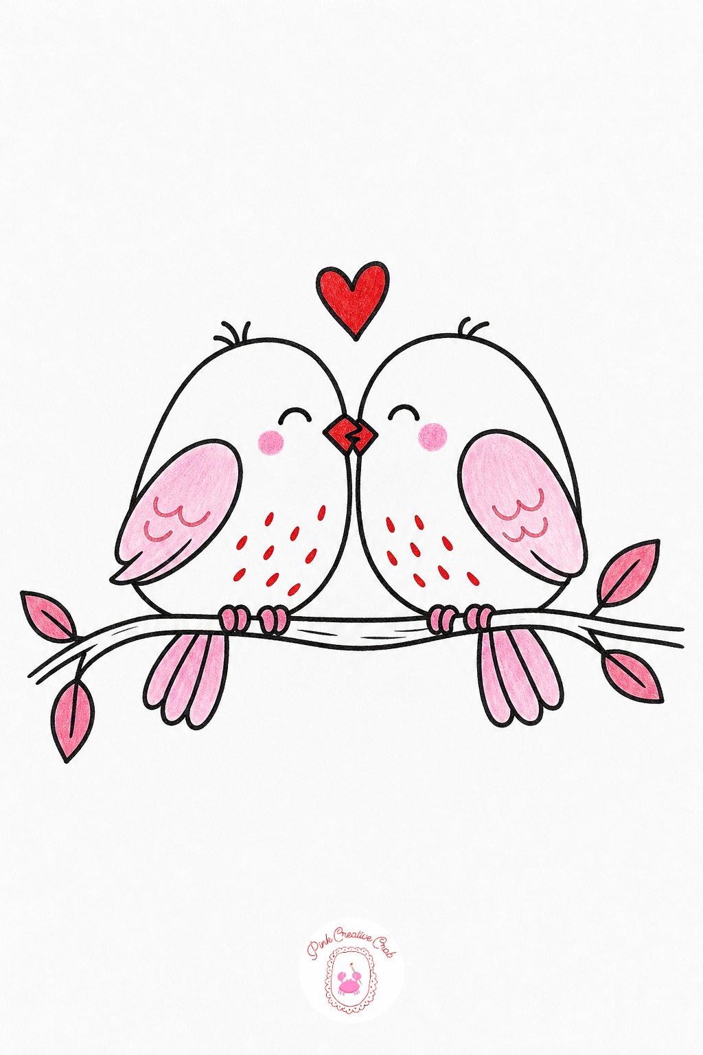 Lovebirds On A Branch — Ten minutes gets two simple round bird bodies perched on a single branch line, beaks touching, with a small heart floating between