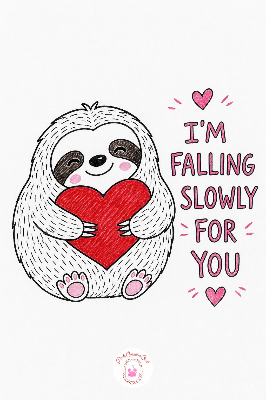 Sloth Hug Heart — Work the fur texture with short, loose fineliner strokes rather than one smooth outline, sloth fur never sits flat and a slightly shaggy edge