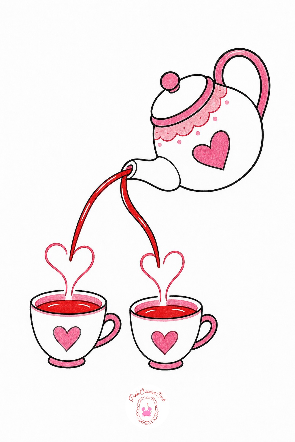 Teapot And Two Cups — The usual mistake with a pouring teapot is drawing the stream of tea as a straight stick, which makes the whole scene look stiff.
