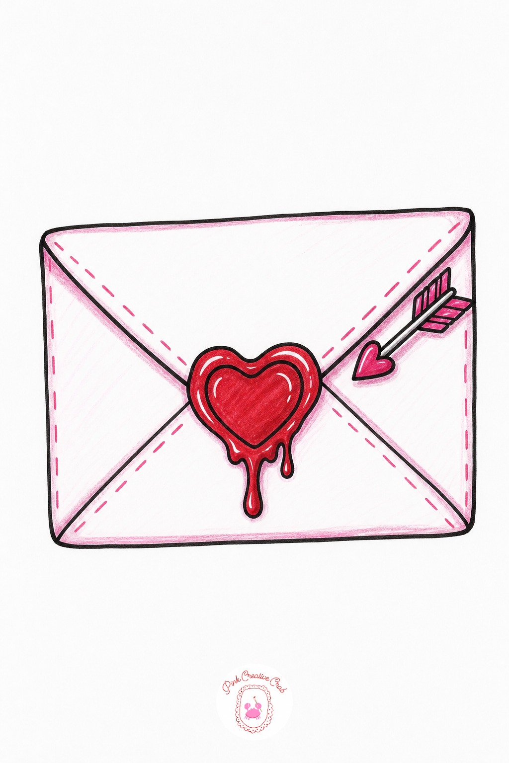 Envelope With Wax Seal — Ten minutes covers a simple envelope shape with a triangle flap and a small heart stamped in red where a wax seal would sit.
