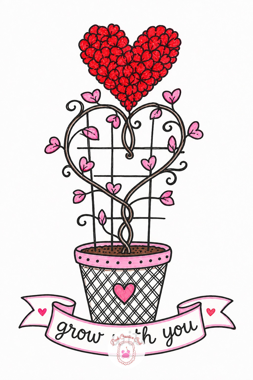 Garden Trellis Heart Bloom — Build this one in layers: pot first, then the stem and leaves, then the heart shaped bloom sitting at the top, and finally a small