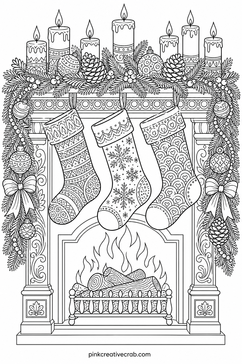 Mantel With Stockings And Candles printable page — Patience pays off here: the stockings, candles and garland hold dozens of small repeating patterns, so this