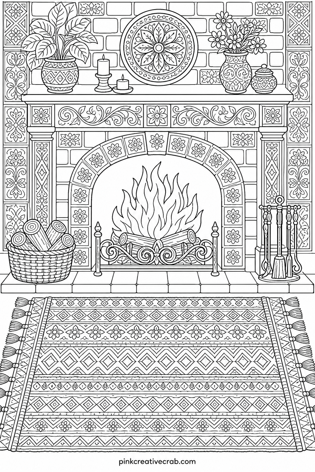 Fireplace With Hearth Rug printable page — Fine liners suit the narrow brick pattern, while soft colored pencils blend well across the woven rug and the