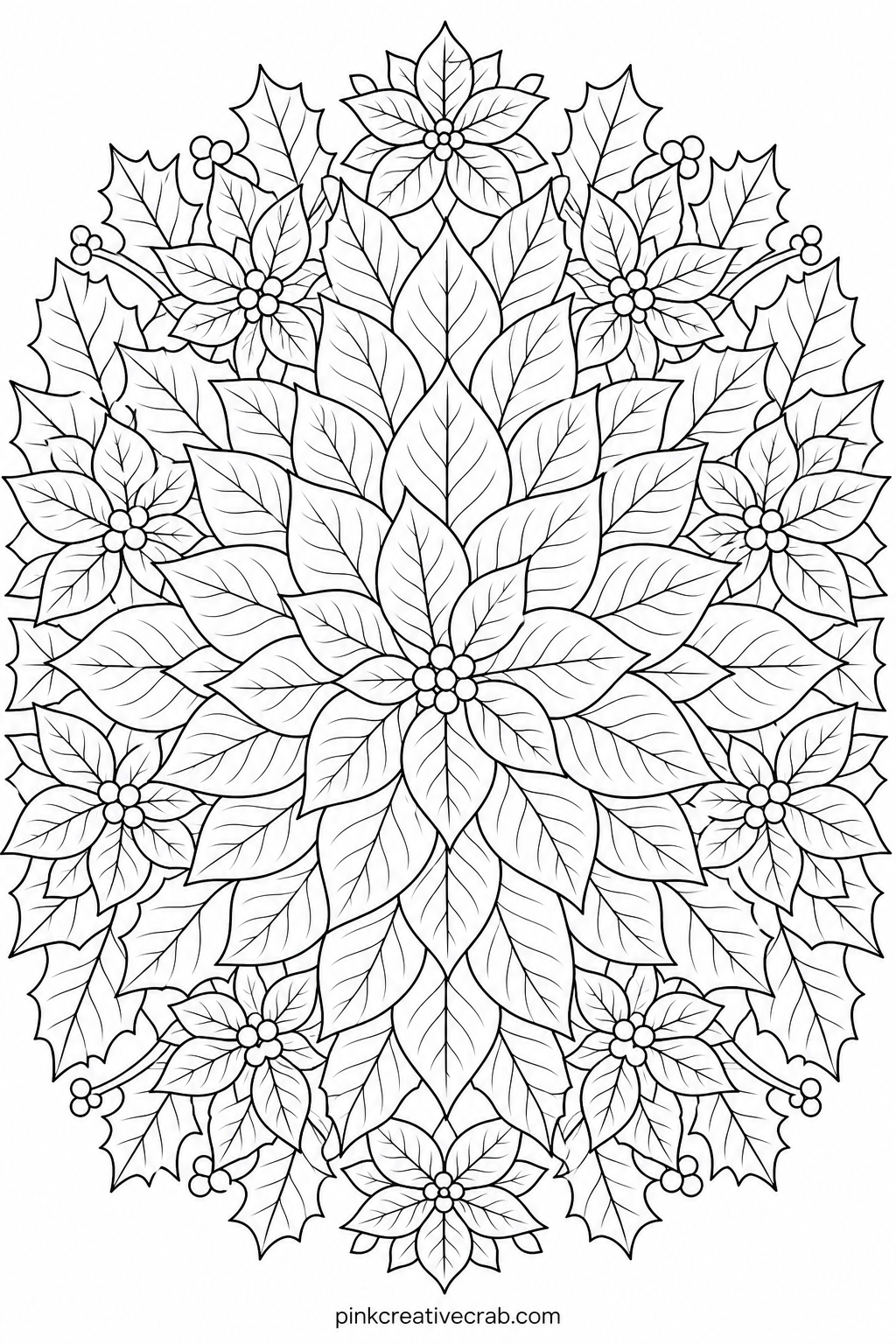 Poinsettia Mandala printable page — Leave a few petal tips pure white before adding any color: that single untouched sliver reads as light catching the edge