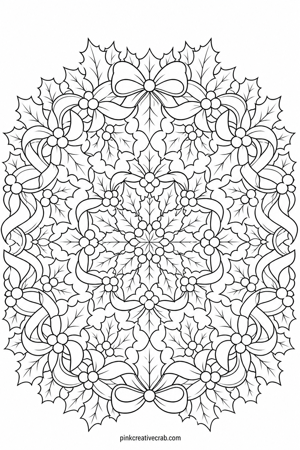 Holly And Berry Wreath Mandala printable page — Once the wreath is fully colored, trim around the outer ring and mount it on dark green or burgundy card for a
