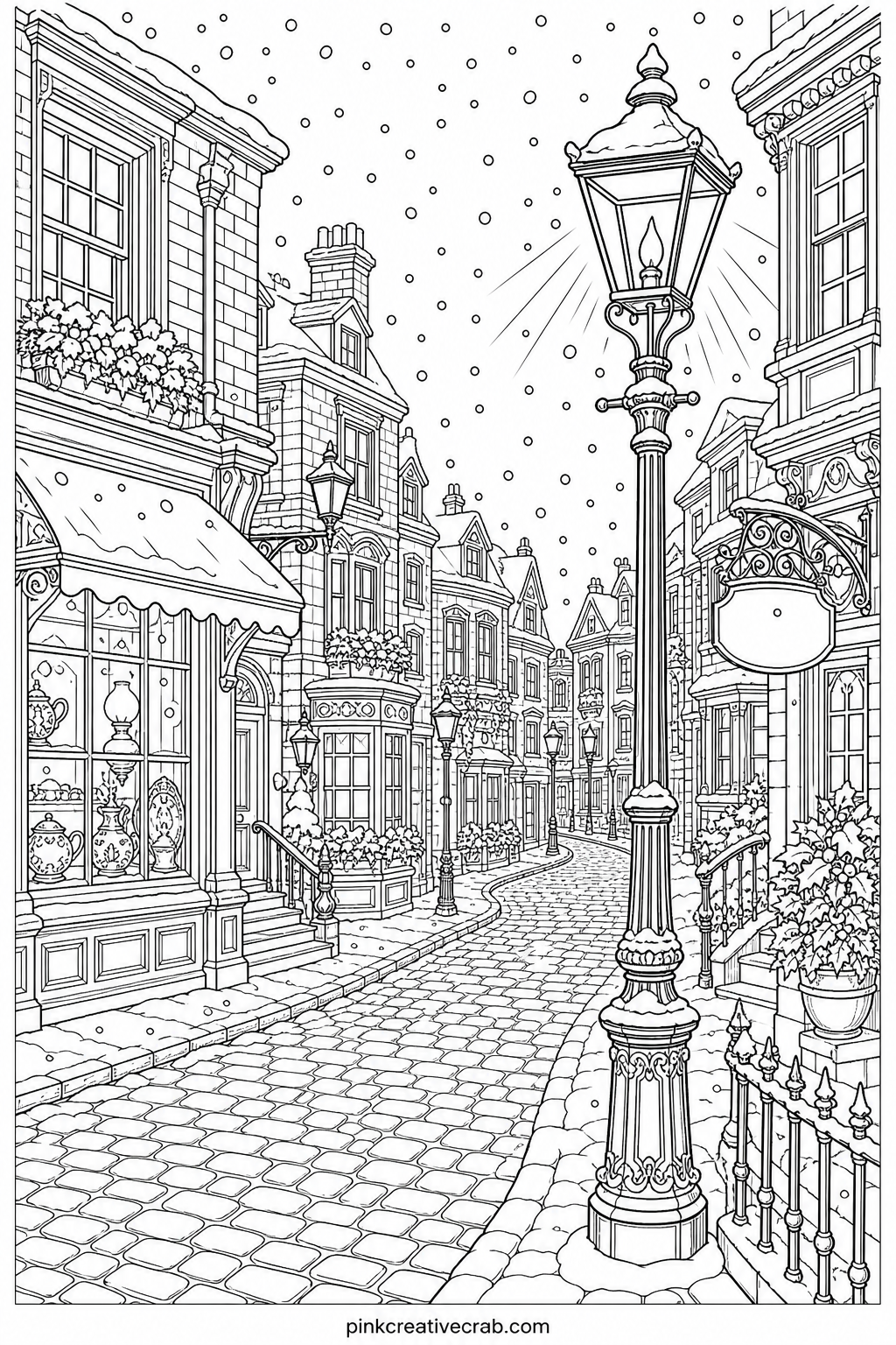 Victorian Street With Lamplight printable page — Pair this street scene with the frosted window page further along in this set: one shows the cold outside, the