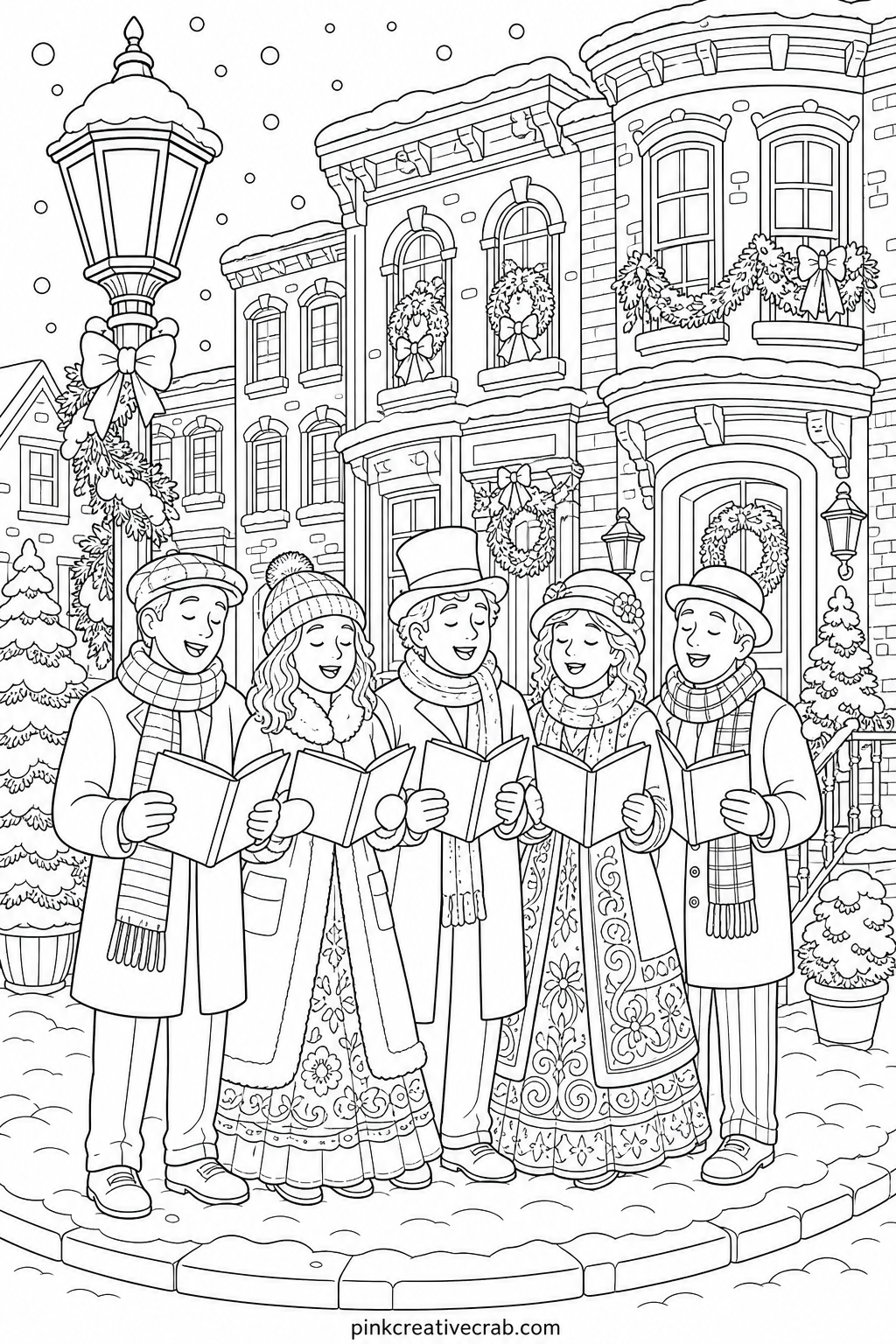 Carolers On A Snowy Corner printable page — The usual mistake on a crowded street scene like this one is coloring every coat a different bright shade, which