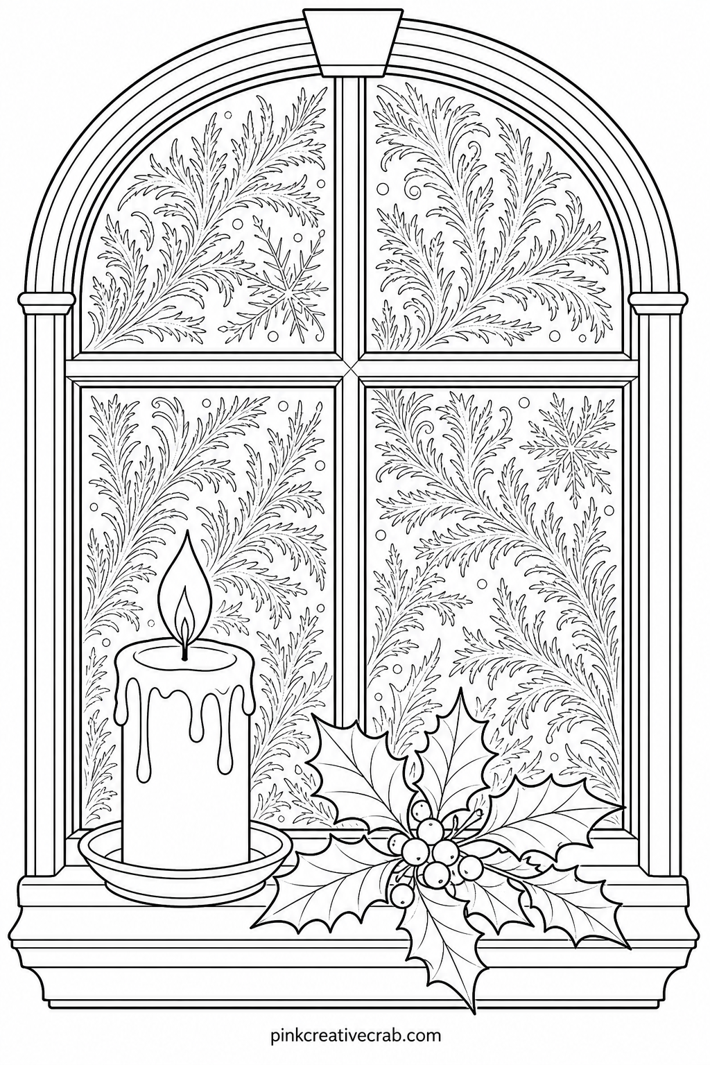 Frosted Window With Candle printable page — Short on time: color only the candle flame and the frost pattern around the glass, leave the rest of the window