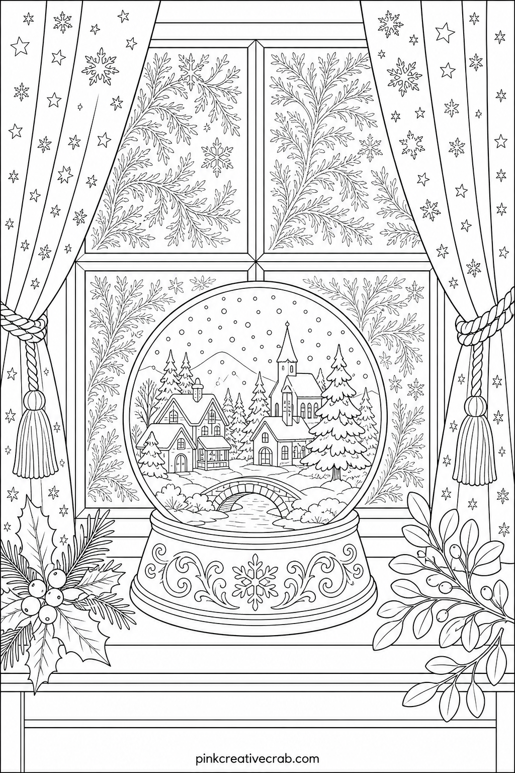 Snow Globe In A Window printable page — Ask yourself, before picking up a pencil, what single color this little scene needs most: the soft gray of falling snow