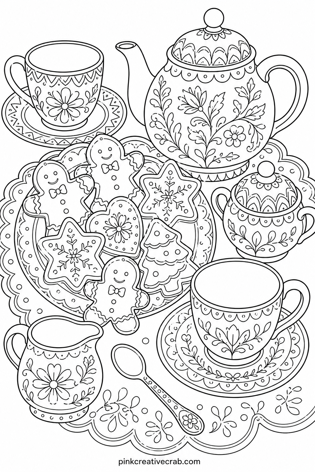 Tea Table With Gingerbread printable page — Steady hands and a love of fine detail make this tea table a good match, since the teacup pattern and the