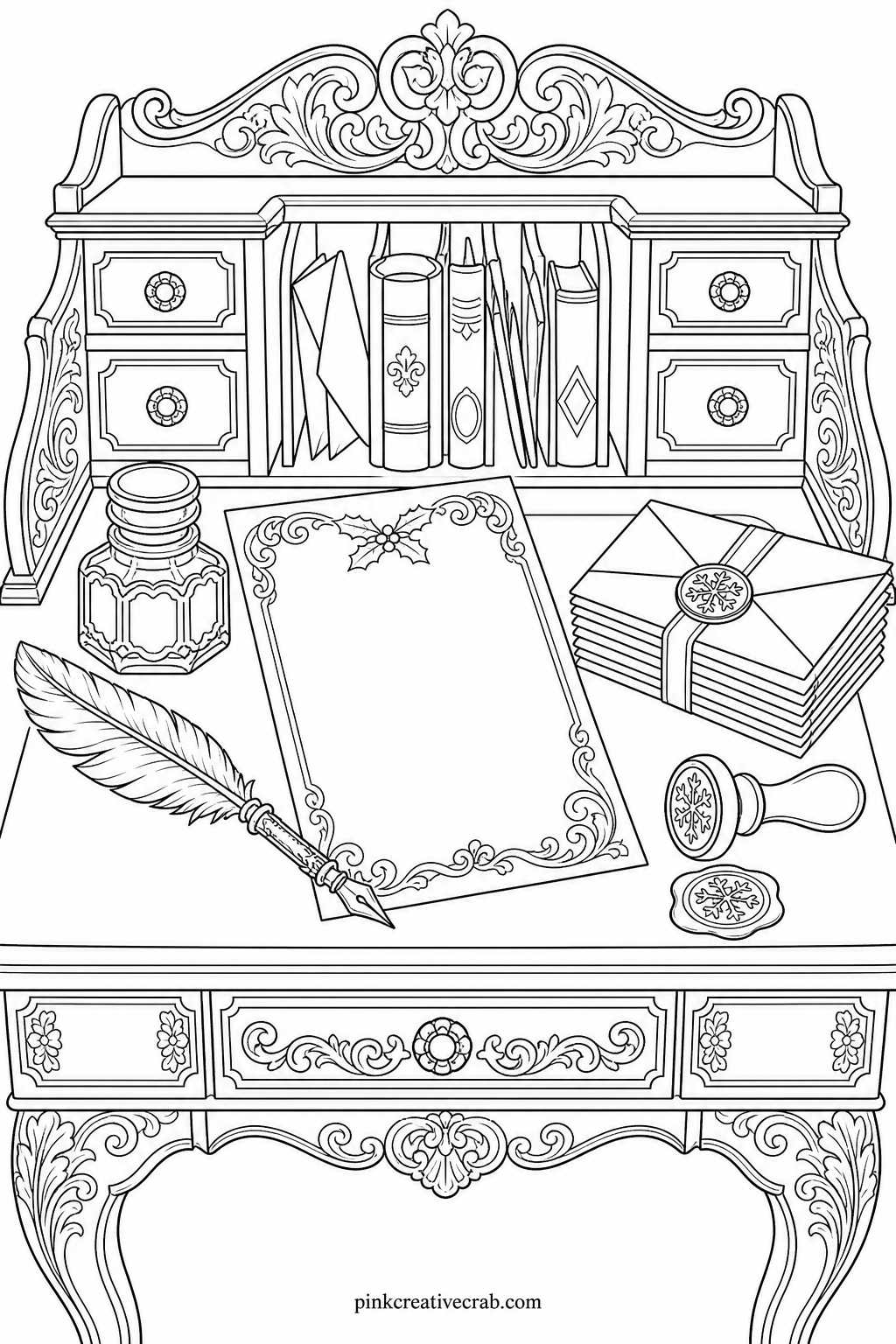 Writing Desk With Letters To Santa printable page — Fine liner in black or dark brown keeps the handwriting on the letters legible, while colored pencils suit