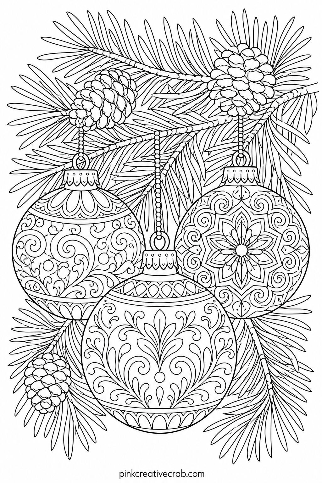Ornament Cluster On A Branch printable page — Outline each bauble in its final color before filling the inside pattern: that thin border keeps neighboring
