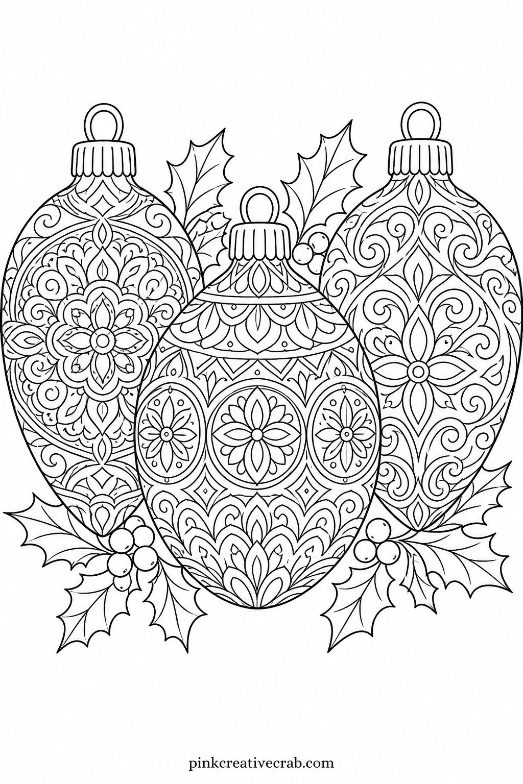 Patterned Bauble Trio printable page — Cut around each of the three baubles once they are colored, and glue them onto a strip of card to make a simple garland