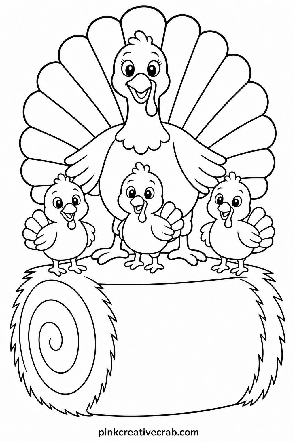 Turkey Family On A Hay Bale printable page — Little hands that can barely hold a crayon steady still manage this page just fine, since the turkey family and