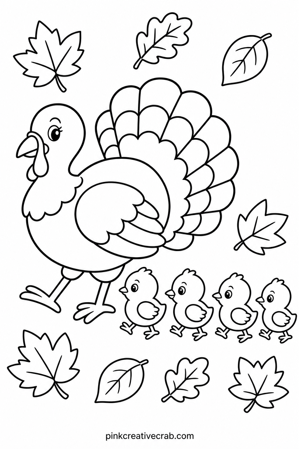 Mama Turkey And Chicks printable page — Chunky washable markers glide best over these wide feathers, since the thick outlines keep most colors from bleeding